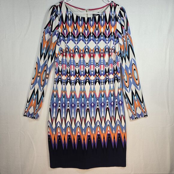 Vince Camuto Multicolor Blue Pink Orange Stretch Sheath Long Sleeve Dress Size 8 - Picture 1 of 14